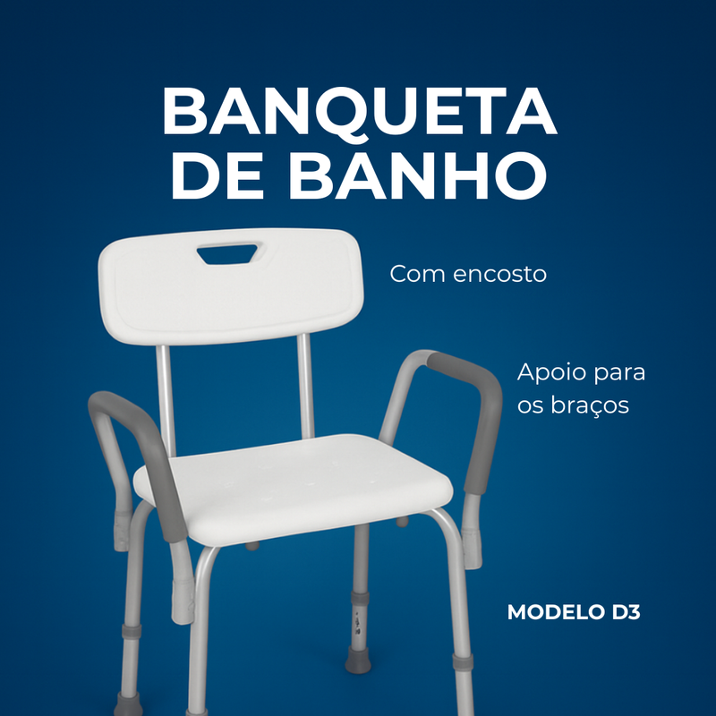 Banqueta de Banho D3 para Idosos com Encosto e Braços — Até 135kg